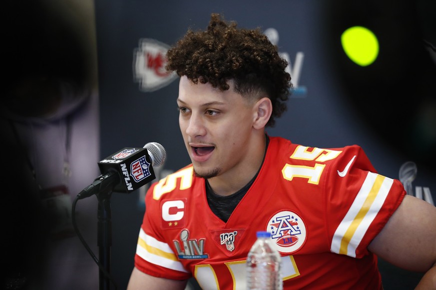 Kansas City Chiefs quarterback Patrick Mahomes (15) speaks during a news conference on Tuesday, Jan. 28, 2020, in Aventura, Fla., for NFL Super Bowl 54 football game. (AP Photo/Brynn Anderson)