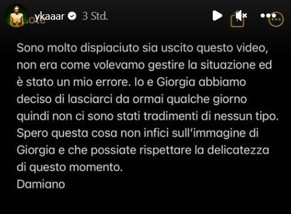 Noch am Donnerstag veröffentlichte Damiano das Statement in seiner Story.