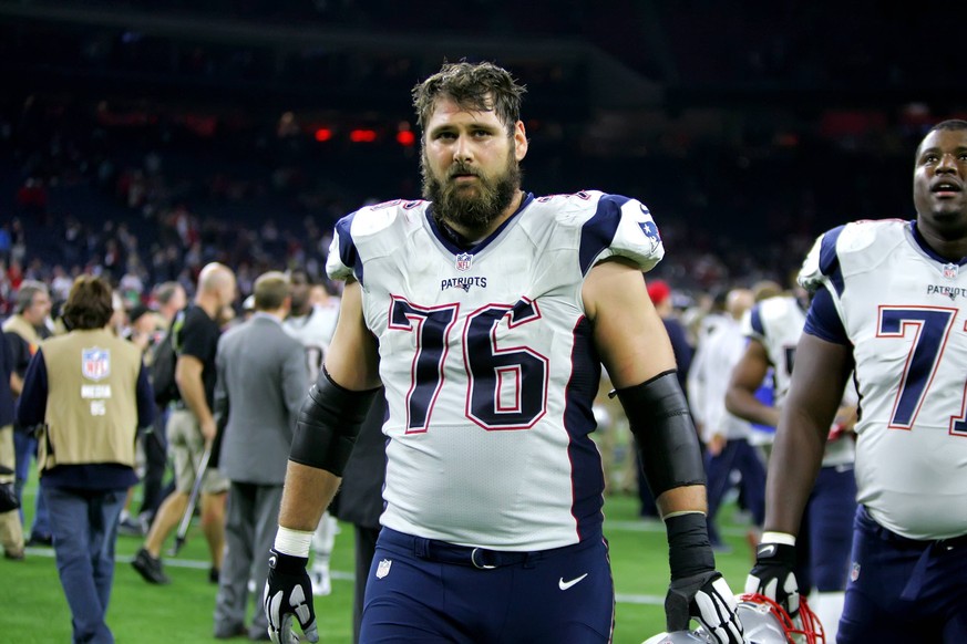 DEC 13 2015: New England Patriots tackle Sebastian Vollmer (76) leaves the field following the Patriots 27-6 win over the Houston Texans from NRG Stadium in Houston, TX. Credit image: NFL American Foo ...