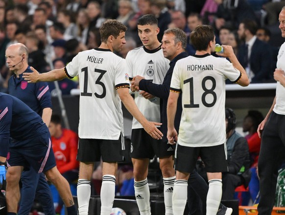 From left, Thomas Müller Germany, Kai Havertz Germany, National Coach Hansi Flick Germany, Jonas Hoffmann Germany 07.06.2022, Football 2022, UEFA Nations League 2022/23, second round, Germany ...