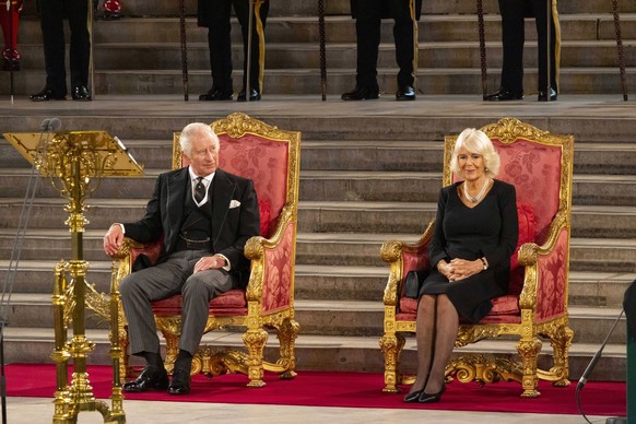 Britain s King Charles III and Britain s Camilla, Queen Consort attend the presentation of Addresses by both Houses of Parliament in Westminster Hall, inside the Palace of Westminster, central London  ...