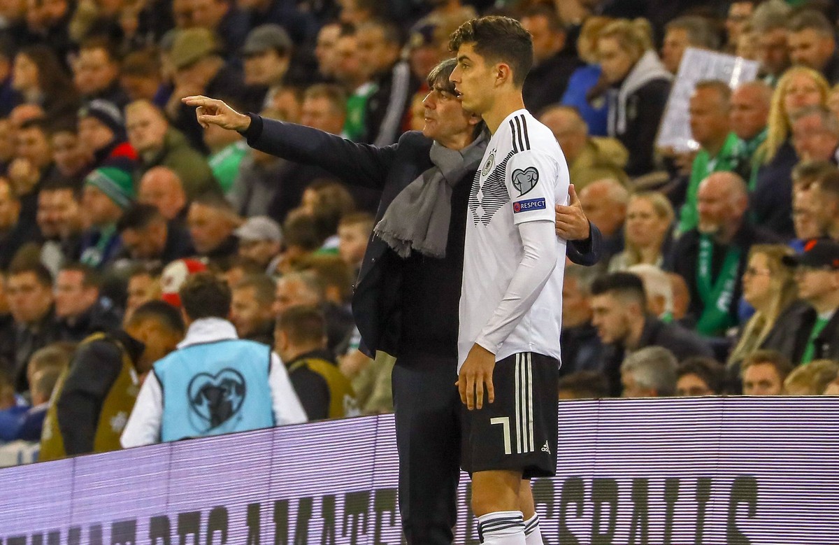 Bundestrainer Joachim Loew (Deutschland Germany) mit Kai Havertz (Deutschland, Germany) - 09.09.2019: Nordirland vs. Deutschland, Windsor Park Belfast, EM-Qualifikation DISCLAIMER: DFB regulations pro ...