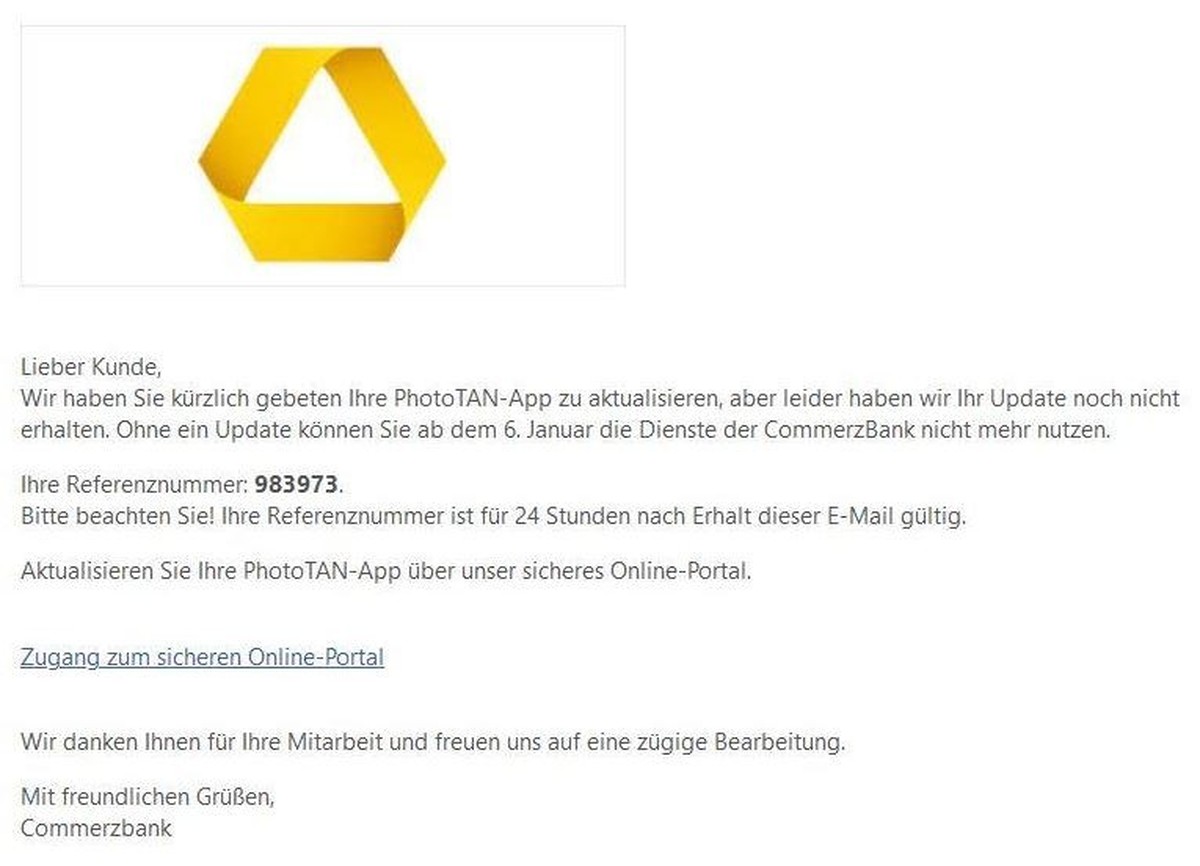 So oder so ähnlich sieht die Commerzbank-Betrugs-Mail aus.