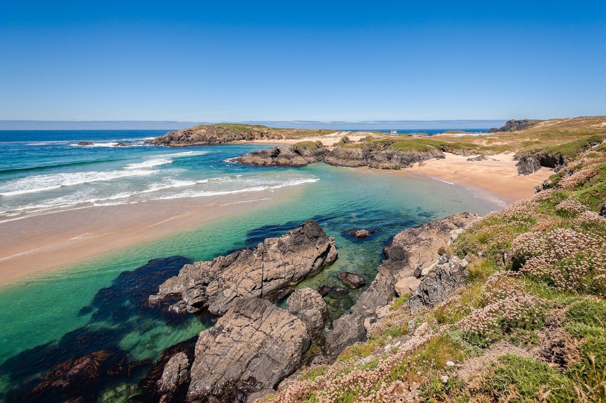Landscape with sea,cliff, beach and blue sky., Landscape with sea,cliff, beach and blue sky. Galicia Spain. Vacation travel.
