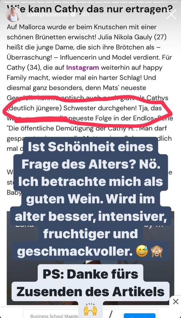 Cathy Hummels lässt diesen Artikel über sich nicht unkommentiert.