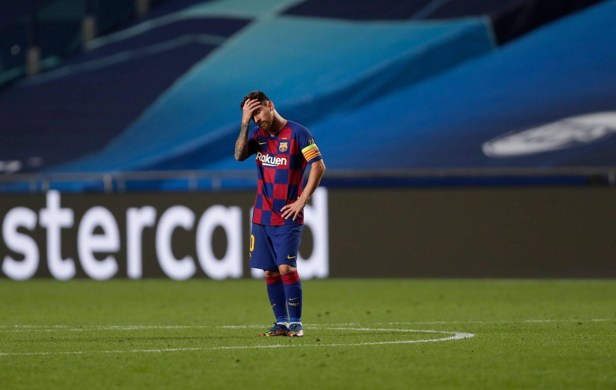 FOOTBALL : FC Barcelone vs Bayern Munich - 1/4 - Phase finale - UEFA Ligue des Champions - Final 8 - Lisbonne - 14/08/2020 Barcelona s Argentinian forward Lionel Messi reacts during the UEFA Champions ...