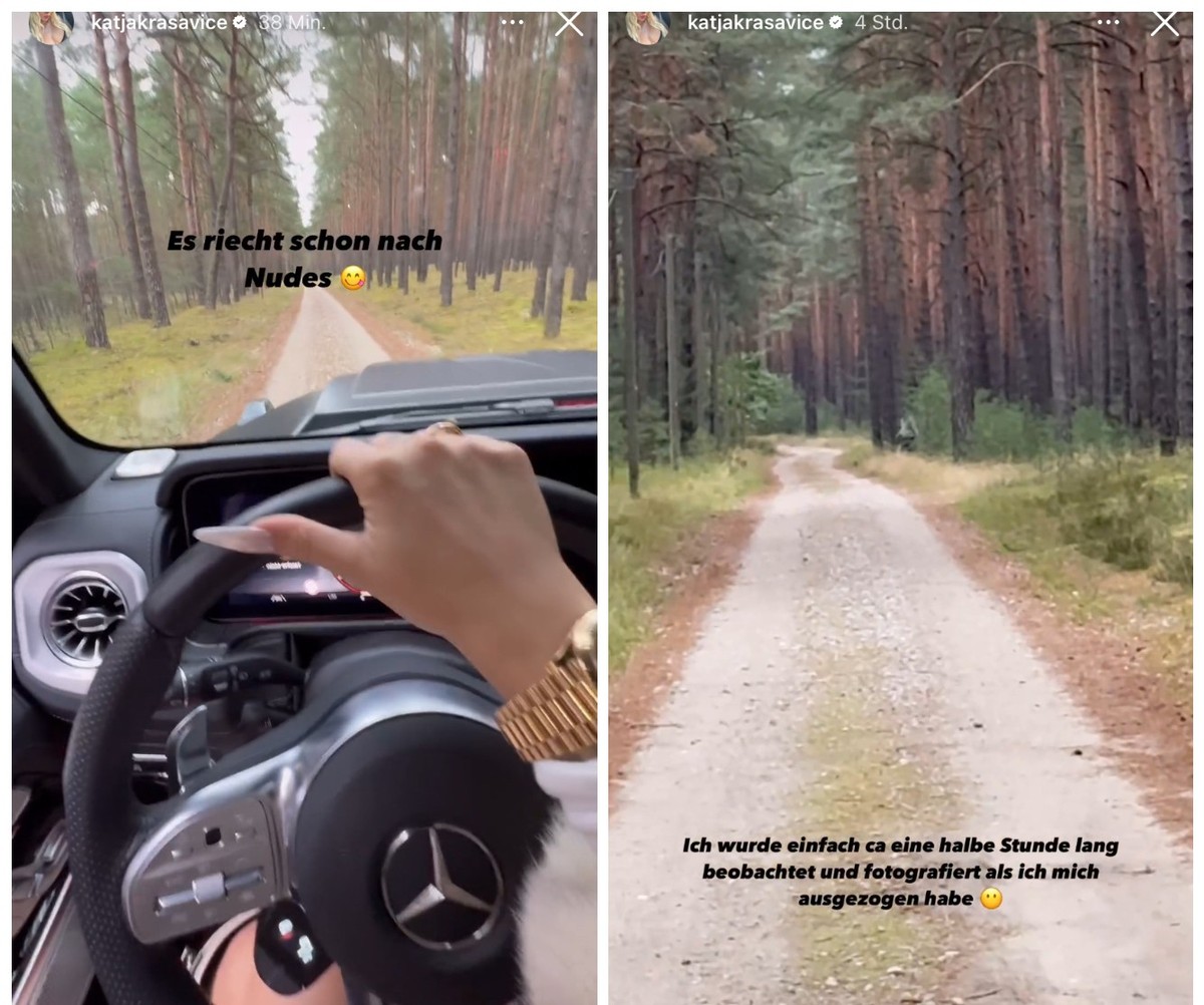 Katja Krasavice fährt für ihre Onlyfans-Bilder in den Wald und wird beobachtet.
