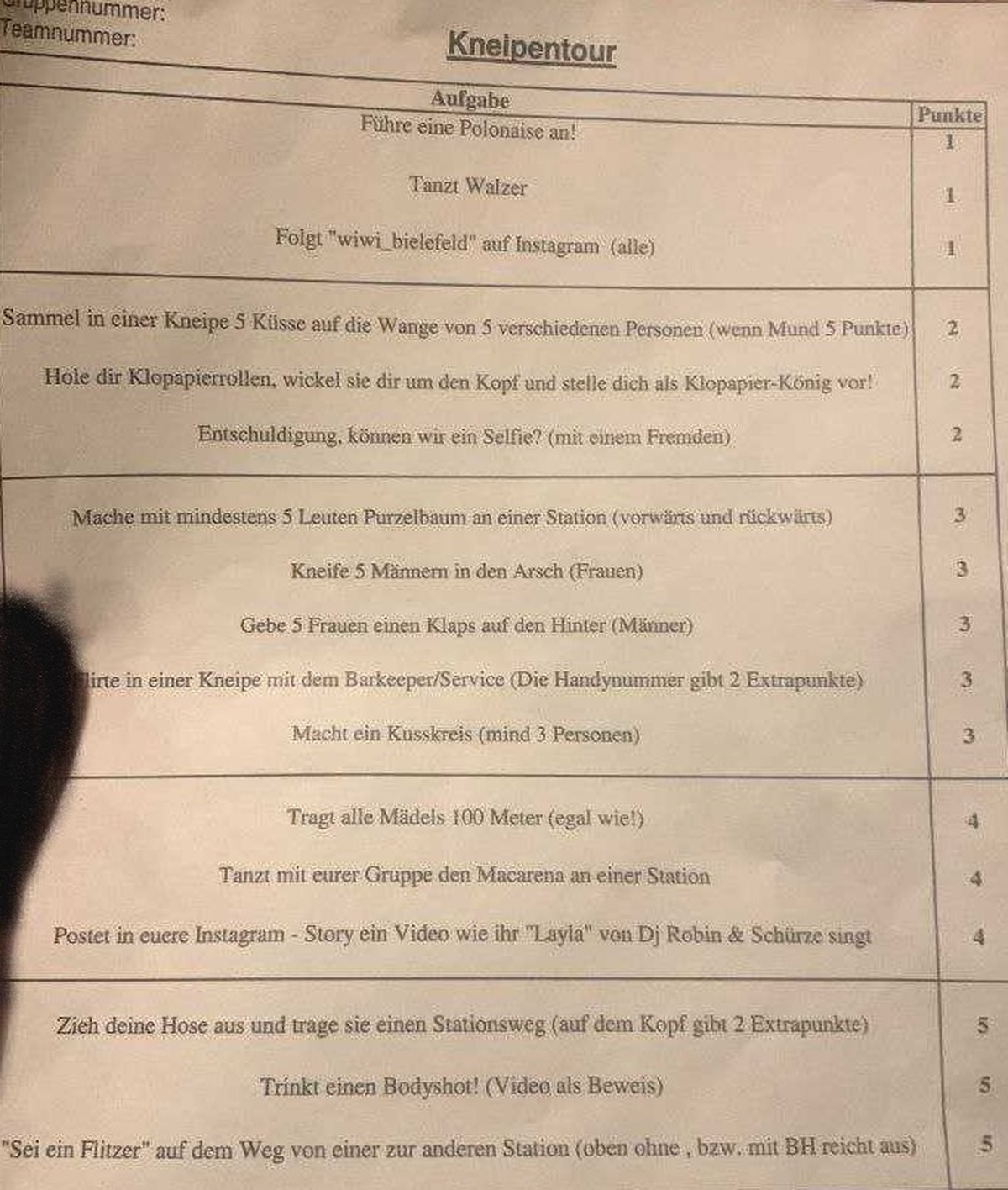 Screenshot eines Aufgabenzettels für die Kneipentour neuer Studierenden der Universität Bielefeld
