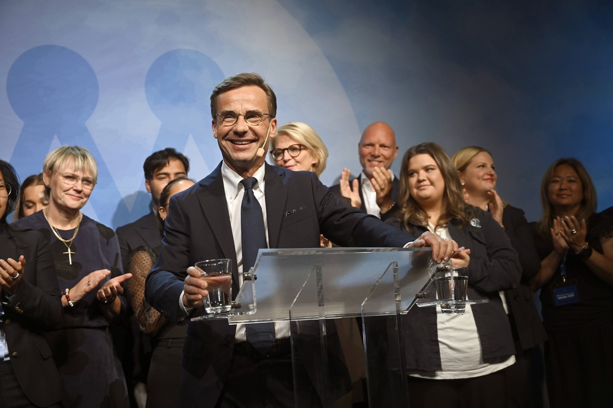 STOCKHOLM 20220911 Moderaternas partiledare Ulf Kristersson M talar pa Moderaternas valvaka pa Clarion Sign pa s