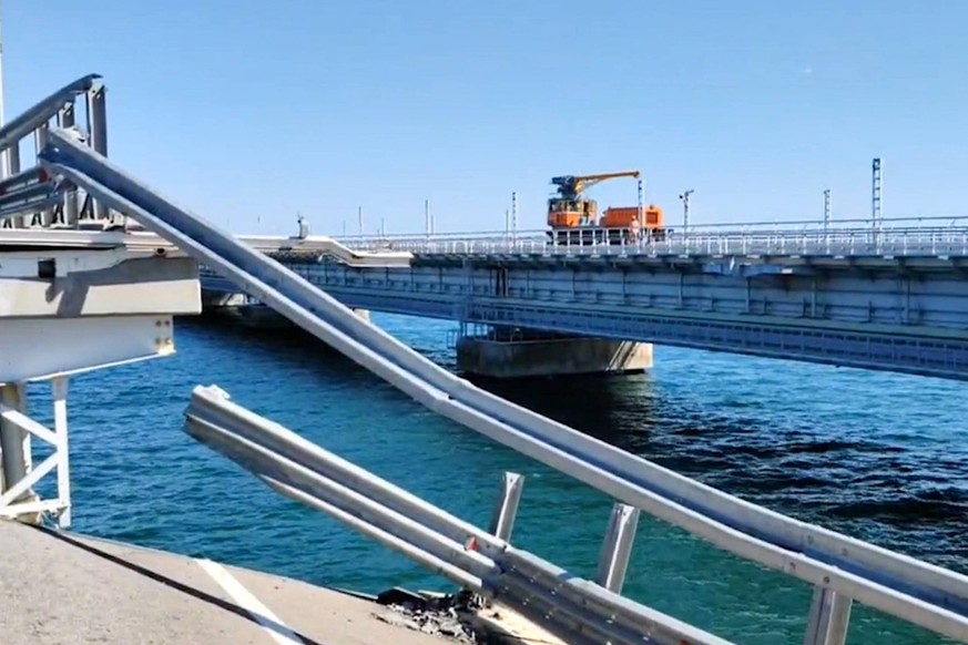 RUSSIA, KRASNODAR REGION - JULY 17, 2023: An emergency causes damage to Crimean Bridge near its 145th pillar from the Krasnodar Region side of the Kerch Strait. According to Head of Crimea Aksyonov s  ...