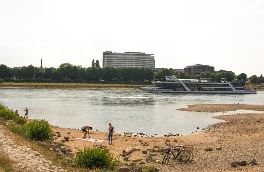 A general view of the bank of the Rhine River in Cologne, Germany, on June 15, 2023, is seen ahead of the dry weather season (Photo by Ying Tang/NurPhoto via Getty Images).