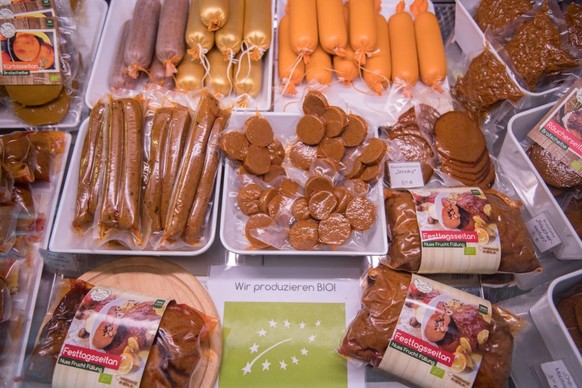 BERLIN, GERMANY - JANUARY 25: Vegan seitan products are displayed at the vegan seitan manufactory shop and diner L&#039;herbivore by owner Johannes Theuerl on January 25, 2018 in Berlin, Germany. L&#0 ...