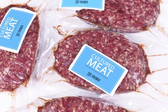 Konzept für im Labor gezüchtetes Fleisch für die künstliche Herstellung von Fleisch aus In vitro Zellkulturen mit verpacktem rohem Fleisch mit blauem Aufkleber *** Concept for at Laboratory bred Meat  ...