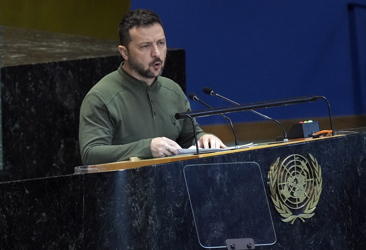 23.09.2024, USA, New York: Der ukrainische Präsident Wolodymyr Selenskyj spricht auf dem Zukunftsgipfel in der Generalversammlung der Vereinten Nationen. Foto: Richard Drew/AP +++ dpa-Bildfunk +++