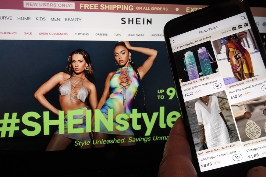 Pages from the Shein website, left, and from the Temu site, right, are shown in this photo, in New York, Friday, June 23, 2023. Chinese e-commerce retailer Temu has filed a lawsuit accusing its rival  ...