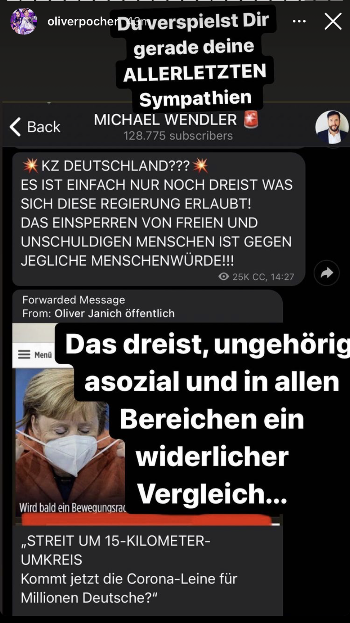 Oliver Pocher teilte die Wendler-Entgleisung in seiner Story.
