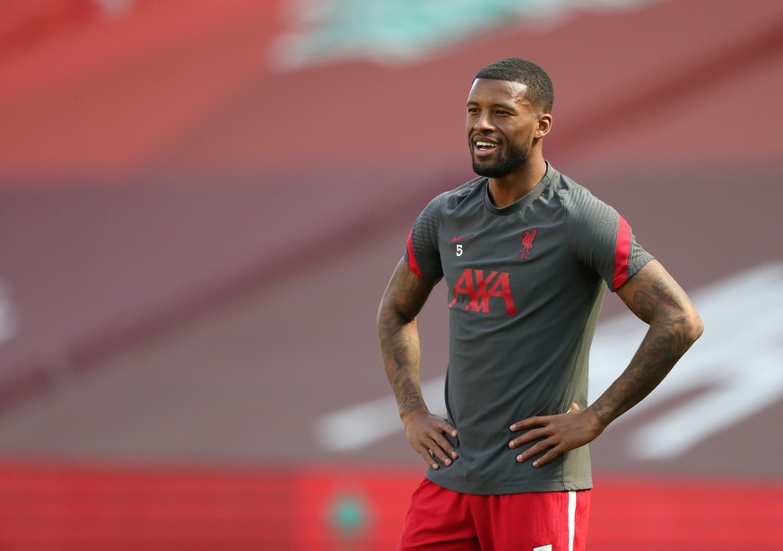 24th April 2021; Anfield, Liverpool, Merseyside, England; English Premier League Football, Liverpool versus Newcastle United; Georginio Wijnaldum of Liverpool during the pre match warm up