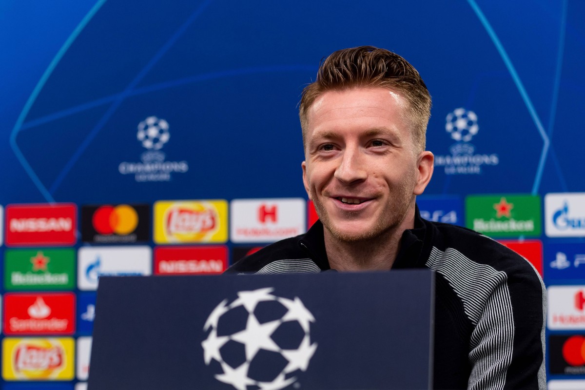 Dortmund, Germany 04.03.2019, UEFA Champions League - 2018/19 Season, Achtelfinale, Borussia Dortmund - Tottenham Hotspur, Training und Pressekonferenz Borussia Dortmund, Marco Reus (BVB) bei der Pres ...