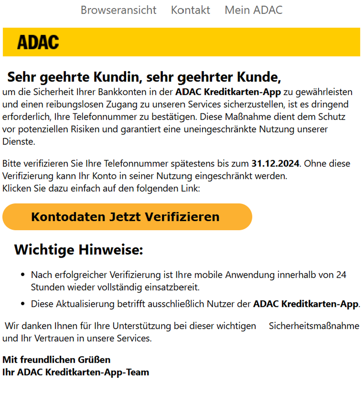 Vor dieser angeblichen ADAC-Mail warnt die Verbraucherzentrale.