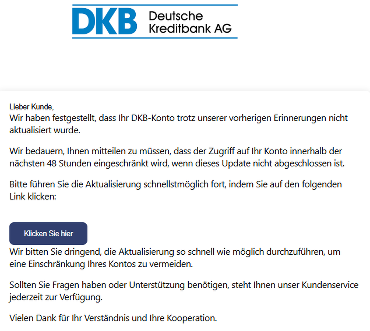 Ein Screenshot der aktuellen Phishing-Mail an DKB Kund:innen.