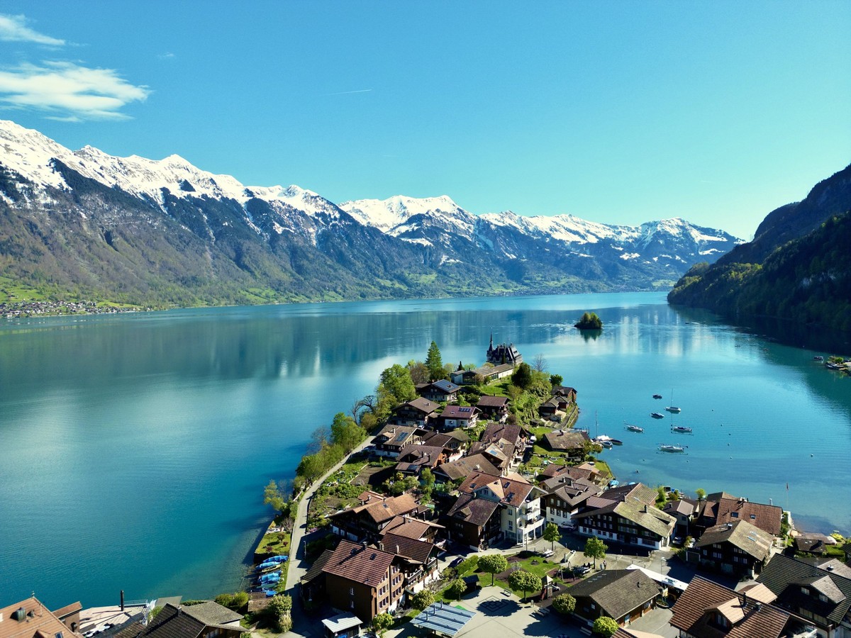 An aerial view of Iseltwald in Brienz Lake, Switzerland 24444888 RECORD DATE NOT STATED