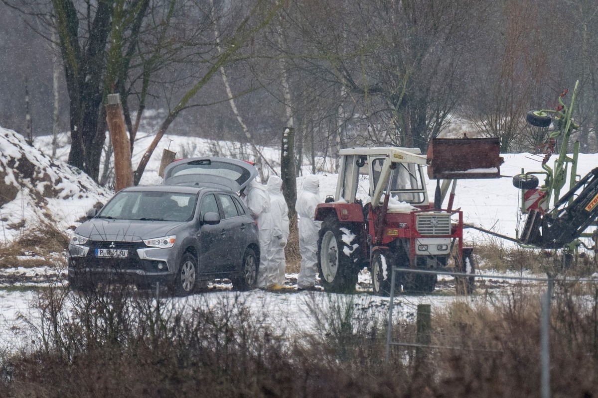 10.01.2025, Brandenburg, Hönow: Personen in Schutzanzügen stehen auf einer Weide im Landkreis Märkisch-Oderland. In dem Kreis gibt es Fälle von Maul- und Klauenseuche. Foto: Sebastian Christoph Gollno ...