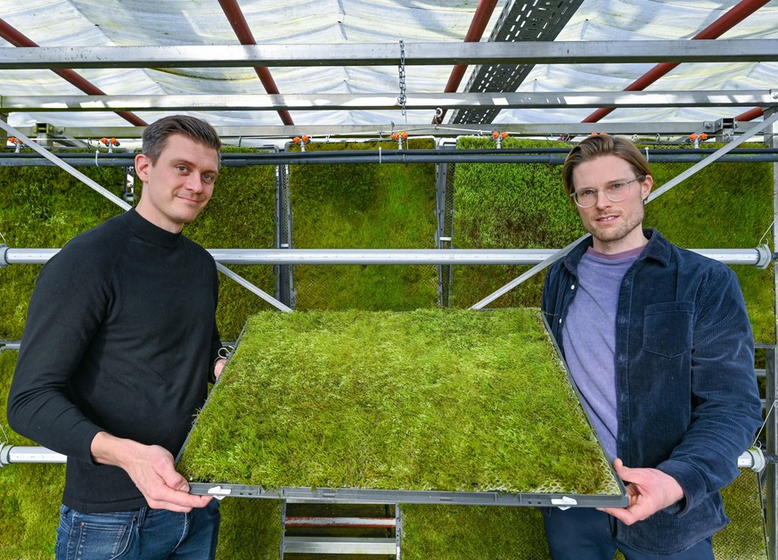 PRODUKTION - 14.02.2022, Brandenburg, Bestensee: Peter Sänger (l), Gründer und Geschäftsführer der Firma Green City Solutions und Simon Dierks, Leiter Marketing, halten in einem Gewächshaus eine Moosm ...