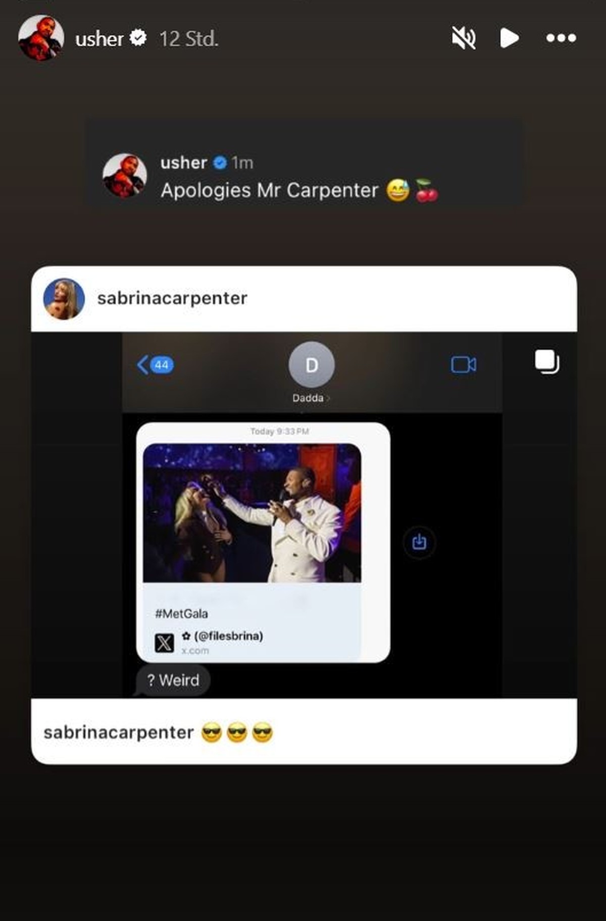 Usher entschuldigt sich bei Sabrina Carpenters Vater.