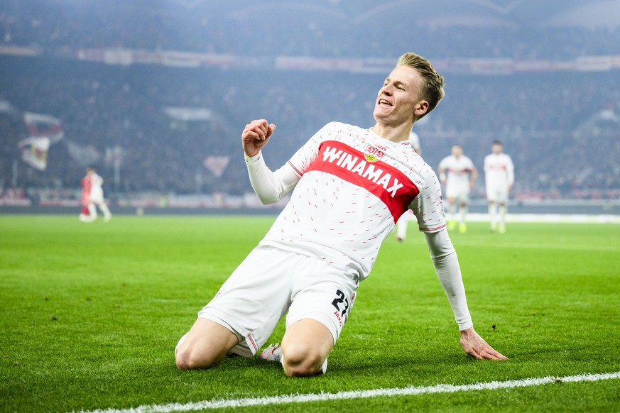 08.03.2024, Baden-Württemberg, Stuttgart: Fußball: Bundesliga, VfB Stuttgart - 1. FC Union Berlin, 25. Spieltag, MHPArena. Stuttgarts Chris Führich jubelt nach seinem Tor zum 2:0. Foto: Tom Weller/dpa ...