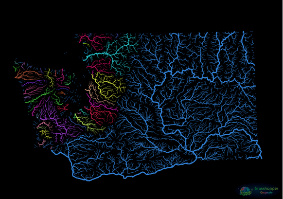 Hier ist eine Karte von Washington. Der große Fisch in diesem viel kleineren Teich, ist der Columbia River (Einzugsgebiet in Blau), der größte Fluss im pazifischen Nordwesten. Nur im westlichen Drittel des Staates gibt es einen farbenfrohen Kontrastpunkt, in der Vielzahl der kleineren Flussbecken, die in den Pazifik oder in den Puget Sound münden.