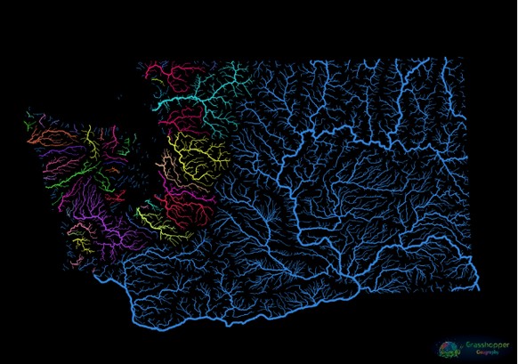 Hier ist eine Karte von Washington. Der große Fisch in diesem viel kleineren Teich, ist der Columbia River (Einzugsgebiet in Blau), der größte Fluss im pazifischen Nordwesten. Nur im westlichen Dritte ...