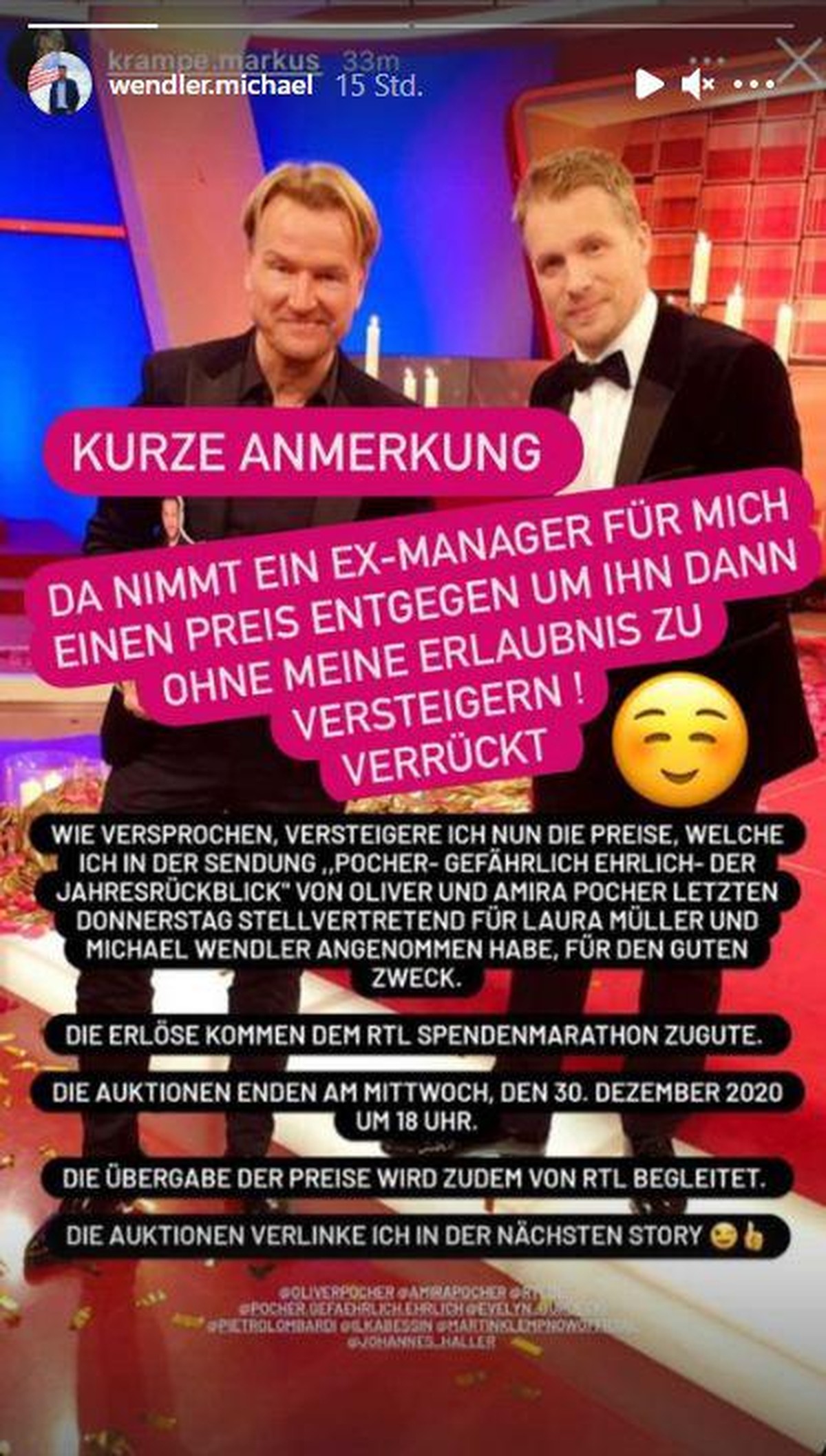 Michael Wendler kommentiert die Versteigerung auf Instagram.