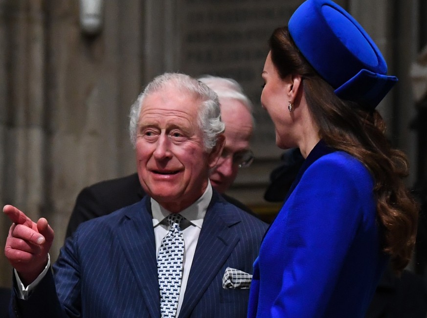 LONDON, ENGLAND - MARCH 14: Prince Charles, Prince of Wales and Catherine, Duchess of Cambridge attend the Commonwealth Day service ceremony at Westminster Abbey on March 14, 2022 in London, England.  ...