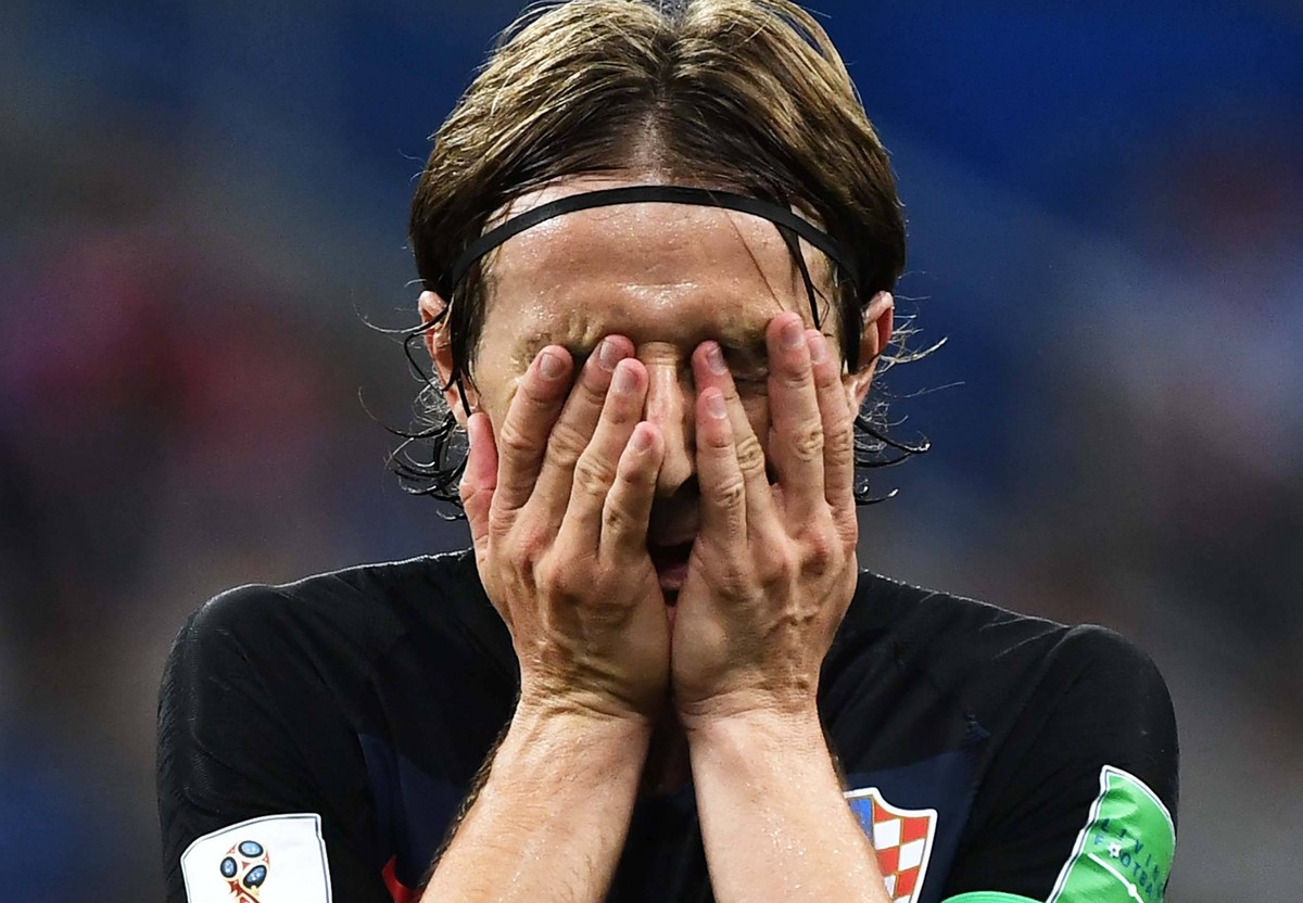 Luka Modric of Croatia reacts after missing a penalty kick against Denmark in the Round of 16 match during the FIFA World Cup WM Weltmeisterschaft Fussball 2018 in Nizhny Novgorod, Russia, 1 July 2018 ...