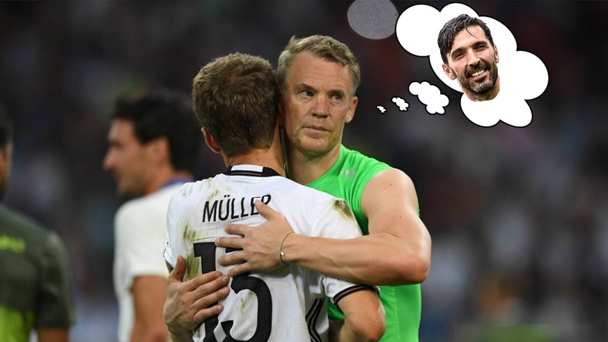 Ein weiser Manuel Neuer muss Thomas Müller trösten – aber Gigi Buffon macht es mit 40 Jahren ja noch vor.&nbsp;