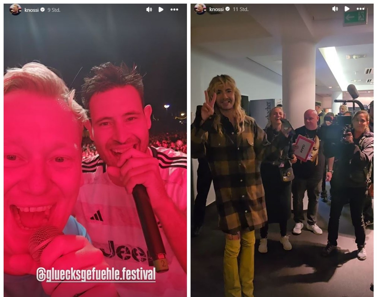 Knossi und Marc Eggers performen auf dem Festival gemeinsam, Bill Kaulitz schaut zu.