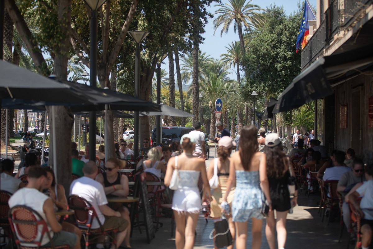 02.08.2025, Spanien, Palma: Die Touristen genießen das sonnige Wetter in den Cafés, in den Restaurants und in den Straßen von Palma auf Mallorca. Etwa 15.000 Kreuzfahrtpassagiere kommen heute im Hafen ...