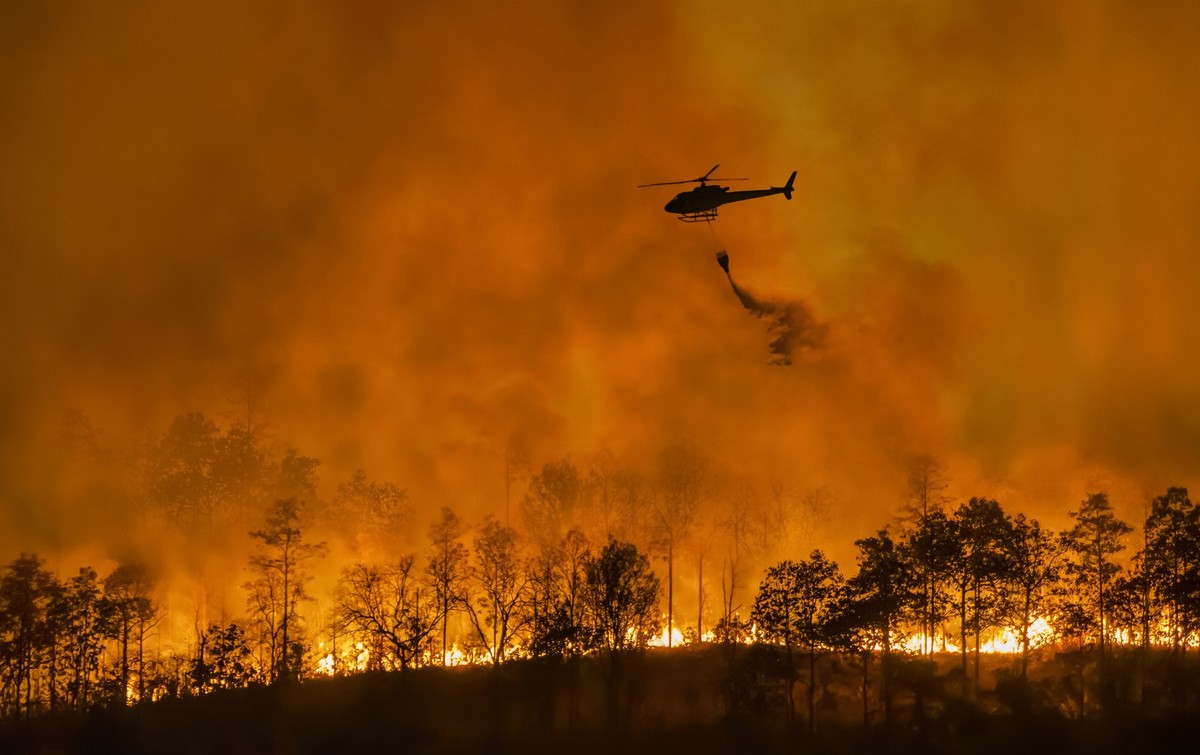 Fire fighting helicopter carry water bucket to extinguish the forest fire.