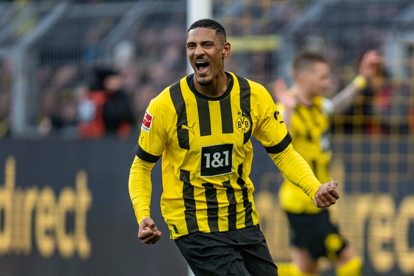 Tor zum 2:1 durch Karim Adeyemi Borussia Dortmund, 27, hier Sebastien Haller Borussia Dortmund, 9 Borussia Dortmund vs. SC Freiburg, Fussball, 1. Bundesliga, 19. Spieltag, 04.02.2023 DFL REGULATIONS P ...