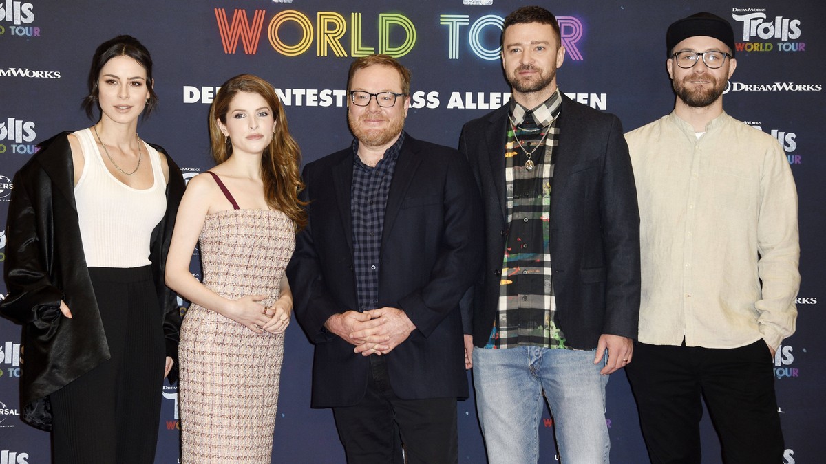 Lena Meyer-Landrut, Anna Kendrick, Walt Dohrn, Justin Timberlake und Mark Forster beim Photocall zum Kinofilm Trolls World Tour im Waldorf Astoria Hotel. Berlin, 17.02.2020 *** Lena Meyer Landrut Säng ...