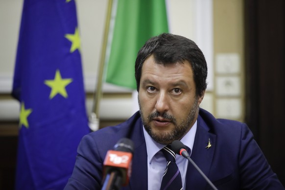 Italy&#039;s Interior Minister and Deputy-Premier Matteo Salvini attends a news conference after meeting Hungary&#039;s Prime Minister Viktor Orban, in Milan, Italy, Tuesday, Aug. 28, 2018. (AP Photo/ ...