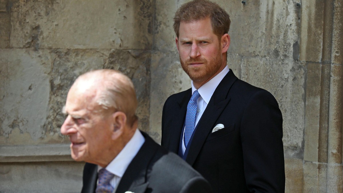 WINDSOR, ENGLAND - MAY 18: Prince Philip, Duke of Edinburgh and Prince Harry, Duke of Sussex leave after the wedding of Lady Gabriella Windsor to Thomas Kingston at St George's Chapel, Windsor Ca ...
