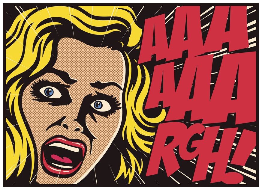 Pop Art style comic book panel with terrified woman in a panic screaming in fear vector illustration