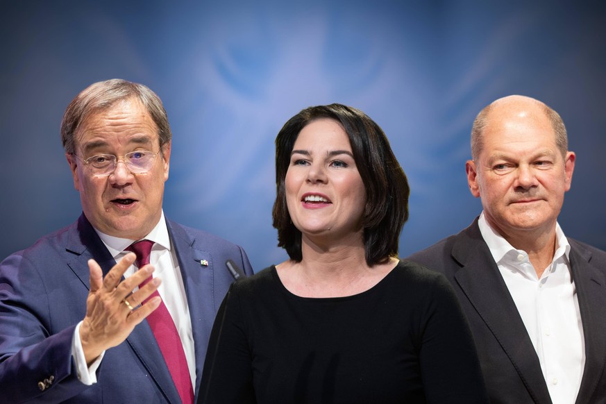 FOTOMONTAGE: Die Kanzlerkandidaten zur Bundestagswahl 2021: v.li:Armin LASCHET CDU,Annalena BAERBOCK, Buendnis 90/die Gruenen,Olaf SCHOLZ SPD. *** PHOTOMONTAGE The candidates for chancellor for the fe ...