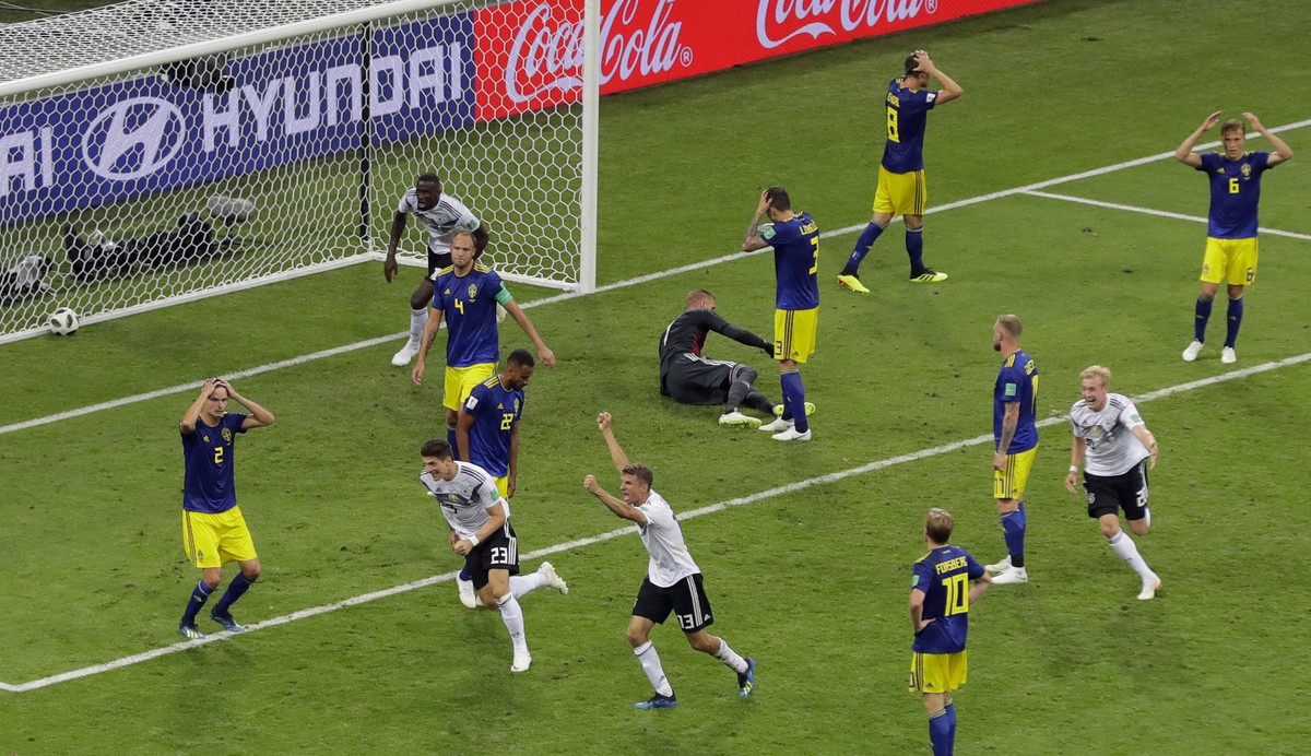 Germany players reacts after their teammate Toni Kroos, scoring his side's second goal during the group F match between Germany and Sweden at the 2018 soccer World Cup in the Fisht Stadium in Soc ...