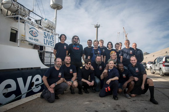 December 21, 2019, Palermo, Italy: Volunteers and crew members pose for a photo on the the Alan Kurdi rescue ship during the rescue simulation on the Port of Palermo..Sea-Eye s Alan Kurdi rescue ship  ...
