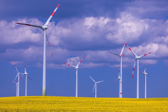 ARCHIV - 26.04.2022, Mecklenburg-Vorpommern, Kladrum: Windkraftanlagen verschiedener Hersteller drehen sich hinter einem blühenden Rapsfeld in einem Windpark. Erneuerbare Energien haben im ersten Quar ...