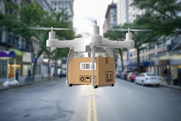 Delivery drone flying in city