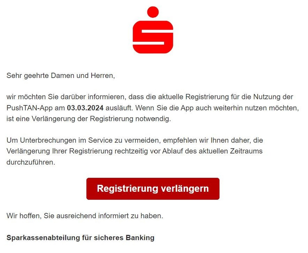 So oder so ähnlich sieht die betrügerische Sparkassen-Mail aus.