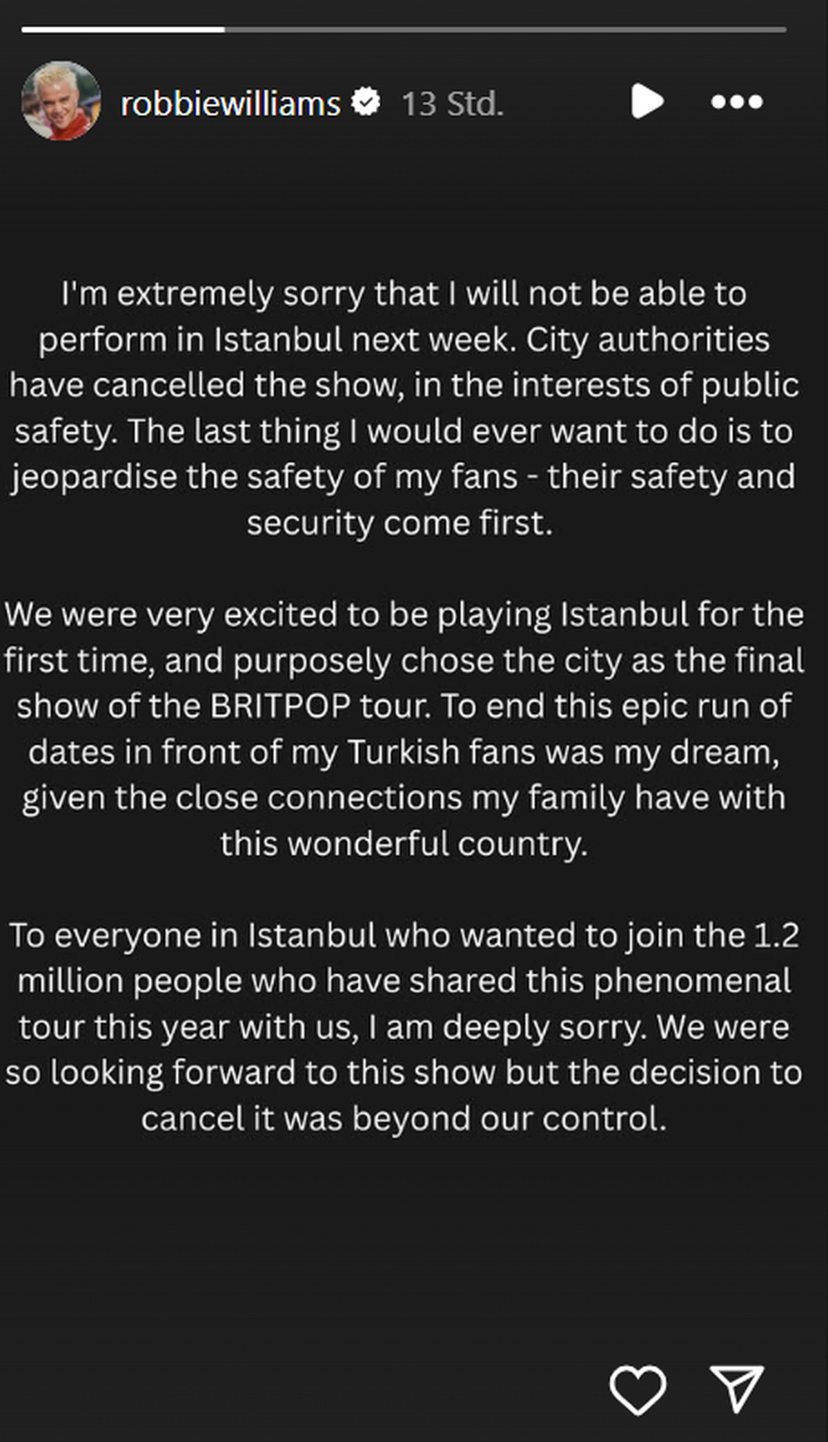 Robbie Williams sagt sein Istanbul-Konzert kurzfristig ab.